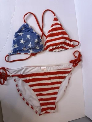 XHILARATION REVERSIBLE PATRIOTIC USA FLAG BIKINI SWIMSUIT SWIMWEAR XL - Image 1 of 4