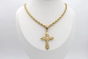 Gold Crucifix Necklace for Men, 4mm French Rope Chain, 14k Heavy Plated Gold - Picture 1 of 7
