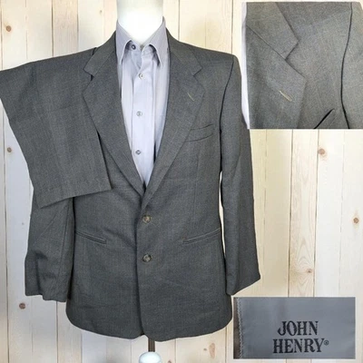 John Henry 2 Piece Suit Mens 40R 32X29 Gray Plaid Ventless Wool Blend - Image 1 of 4