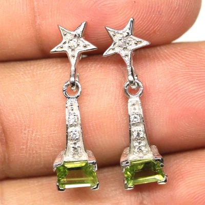 925 Sterling Silver 4 x 6 mm. Green Peridot & Cubic Zirconia Earrings White Gold - Image 1 of 4