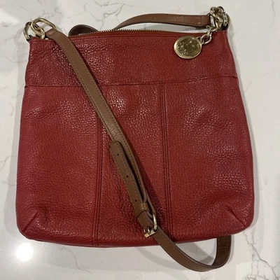 Tommy Hilfiger Crossbody Purse Pebbled Leather Red Gold Boho Chic Preppy Classic - Image 1 of 4