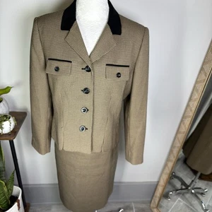 VTG LE SUIT 2PC Beige Brown Houndstooth Skirt Suit Blazer Petite Size 14P - Picture 1 of 22