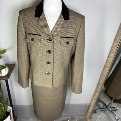 复古 LE SUIT 2 件装米色棕色千鸟格裙西装外套小号 14P 码 — 第 1/4 张图片