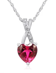 Heart Shaped Lab Grown Ruby and Diamond Pendant-Necklace in Sterling Silver - Picture 1 of 3