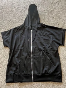 Short Sleeve Full Zip Up Hoodie Hooded Sweatshirt Polyester ~ Black L (12-14) - Picture 1 of 11