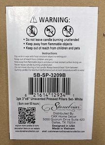 Stonebriar 3 Pack Tall 3 x 6 Inch 65 Hour Long Burning Unscented White Candles - Picture 1 of 3