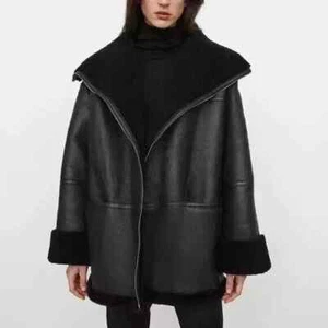 Women's Black Shearling Leather Jacket - Oversized B3 RAF Aviator Lambskin Coat - Picture 1 of 8