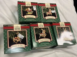 Vintage Hallmark 5pc Set Santa Claus Sleigh & Reindeer Christmas Ornaments  633 - Picture 1 of 6