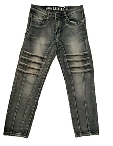 FUSAI Boys Stretch Denim Jeans Size 8 Med Blue Tapered Zipper Biker Moto Jeans - Picture 1 of 11