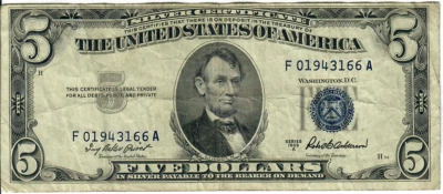 1953A 5$ Silver Certificate - Blue Seal - IBP/RBA F01943166A - #13602 - Image 1 of 2
