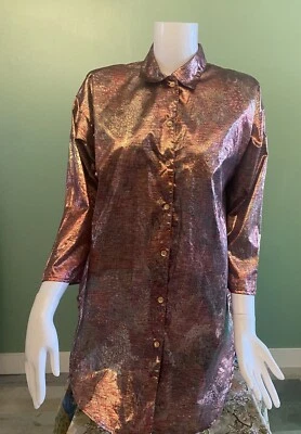 VTG 70s Psychedelic Print Metallic Lamé Shirt Retro Disco 🪩 SMALL - Image 1 of 4