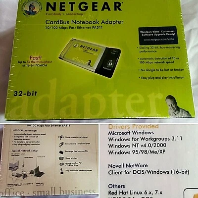 NETGEAR CARDBUS NOTEBOOK ADAPTER 10/100 MBPS FAST ETHERNET # FA511 32-BIT SEALED - Image 1 of 4