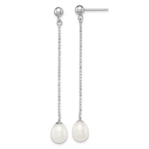 925 Sterling Silver 7mm White Rice Freshwater Cultured Pearl Dangle Earrings - Picture 1 of 11