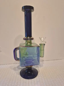 9" Iridescent Glass Square Chamber Bowl Hand Pipe New Condition Blue - Picture 1 of 1