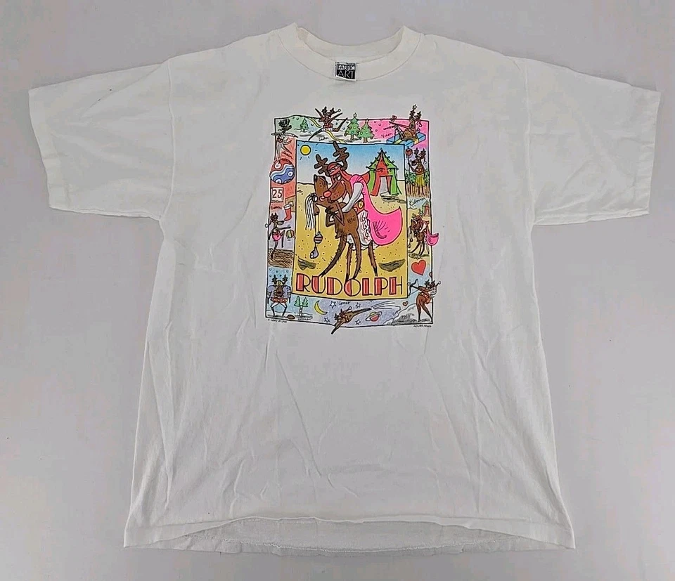Camiseta Gráfica Arte Tela Vintage Blanca XL Rudolph Reindeers Anillo Águila Navidad Foto 1 de 4