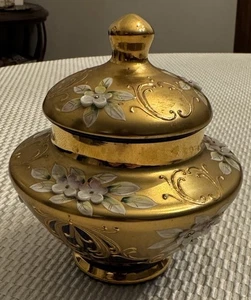 Vtg Murano Venetian Glass Jar Cobalt Blue Gold Hand Painted Flowers Sugar Tea - Picture 1 of 3