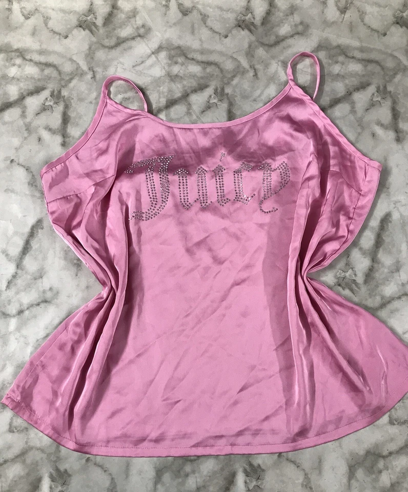 VINTAGE Y2K JUICY COUTURE Satin Pink Sleepwear Top Large Club Party Bedazzled - Image 1 of 4