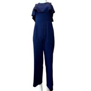 Vince Camuto Womens Sleeveless Jumpsuit Ruffle Round Neck Navy Blue Size 4P - Picture 1 of 8