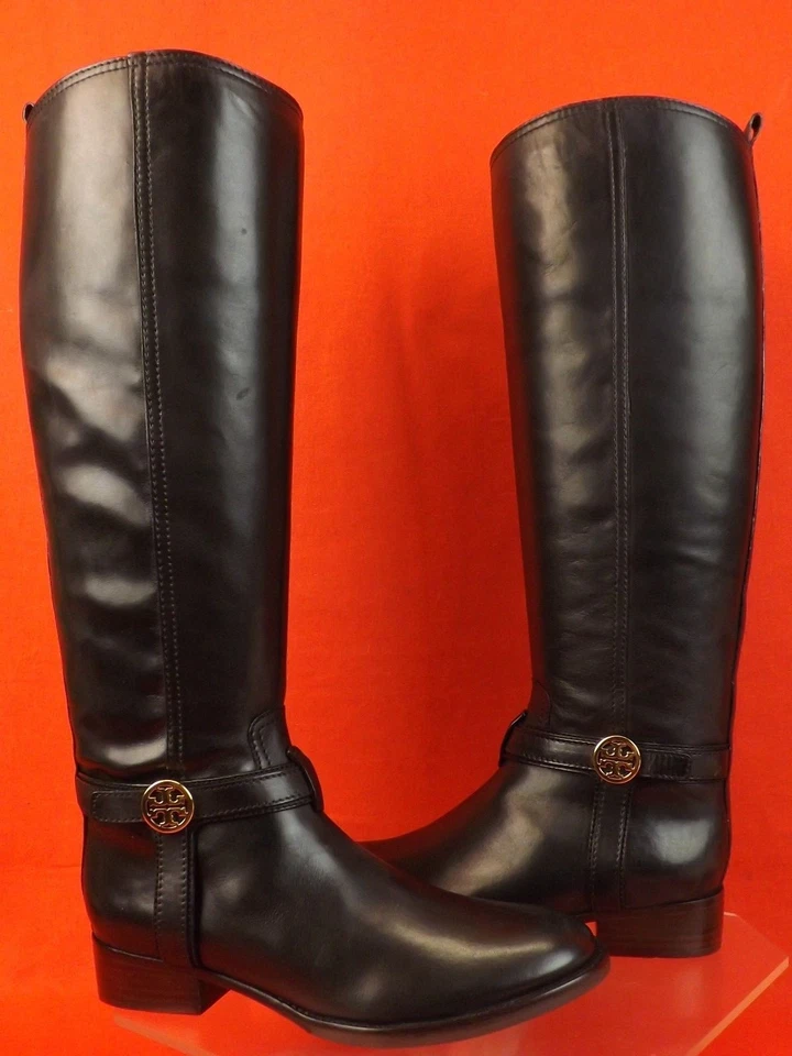 Tory Burch Junction Black Texture Leather Gold Reva Tall Riding BOOTS 11