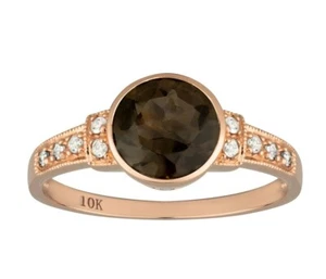 10k Rose Gold Vintage Style Genuine Round Smoky Quartz and Diamond Ring - Picture 1 of 5