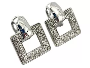 14k White Gold Diamond Square Door Knocker Earrings w/ Omega Backs-Maker's Mark - Picture 1 of 10