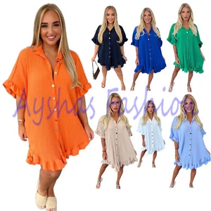Womens Shirt Dress Pleated Short Sleeve Loose Italian Buttons Plain Detail Dress - Picture 1 of 10