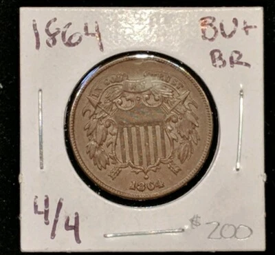 1864 Two Cent Piece, Large Motto, 4 over 4 repunch Mostly Brown Sharp Solid BU++ - Image 1 of 4