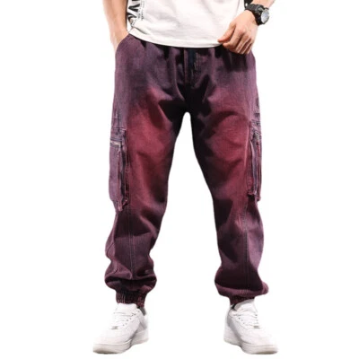 Men Baggy Distressed Jean Cargo Pockets Elastic Waist Stretch Denim Pants Casual - Изображение 1 из 4