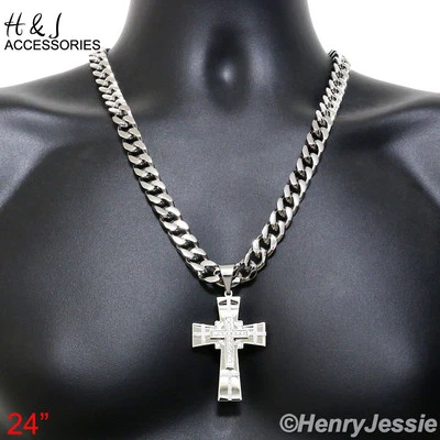 24"30"36"Stainless Steel 11mm Silver Cuban Curb Necklace ICY CZ Cross Pendant*N7 - Image 1 of 4