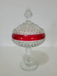 Vintage Indiana Glass Diamond Point Ruby Red Flashed Lidded Pedestal Compote - Picture 1 of 12