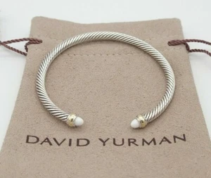 David Yurman Sterling Silver 18K Gold White Agate 4mm Classic Cable Bracelet  - Picture 1 of 12
