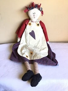 Raggedy Annie Primitive Folk Art American Gambe Lunghe Scaffale Sitter Panno Rag Doll - Foto 1 di 5