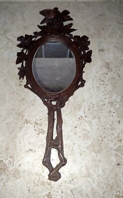 Miroir face à main Foret Noire XIXeme Suisse Albert SCHILD Sculpté - Photo 1/4