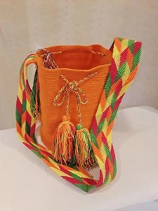 Wayuu Borsa Hobo Arancione 100% Cotone Made in Colombia "Fatta a Mano" - Foto 1 di 6