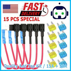 15Pcs Fuse TAP Adapter Kit 12V 20 Amp Car Add Circuit Mini ATM APM Blade Fuse