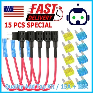 15Pcs Fuse TAP Adapter Kit 12V 20 Amp Car Add Circuit Mini ATM APM Blade Fuse - Picture 1 of 10
