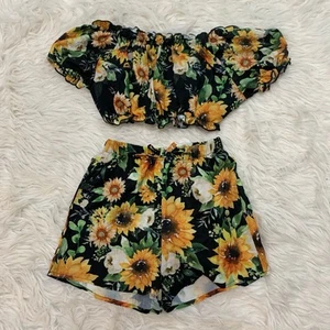 girl black floral shorts set medium - Picture 1 of 2