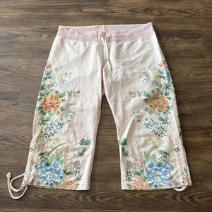 Y2K Lucky Brand Sweatpants Sz M Capri Ruched Leg Floral Boho Penny Big Bang - Picture 1 of 10