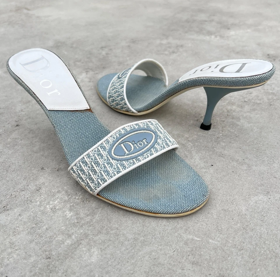 Dior | Authentic Vintage Logo Monogram Denim Blue White Mules Rare (37) - Image 1 of 4