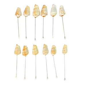 Set Of 12 Natural Seashell Cocktail Skewers MCM Silver Tone Metal Appetizer - Picture 1 of 12
