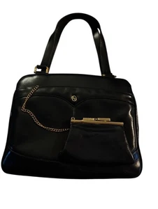 Cartera/bolso de mano vintage Lou Taylor de cuero azul marino con cadena cambiador monedero y espejo - Imagen 1 de 5