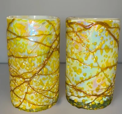 Set of 2 Mexican Hand Blown Recycled Glass Yellow Confetti Hiball Tumblers 16oz - Image 1 of 4