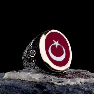 Anillo de plata esterlina 925 hecho a mano media luna estrella esmalte rojo turco para hombre joyería Foto 1 de 3