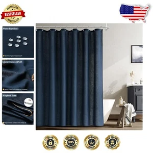 Weighted Navy Blue Linen Shower Curtain with Hooks - Simple Luxury for Bathrooms - Picture 1 of 8