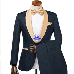 Men's Wedding Suit Champagne Jacquard Groom Tuxedo Floral Print Man Suits - Picture 1 of 31