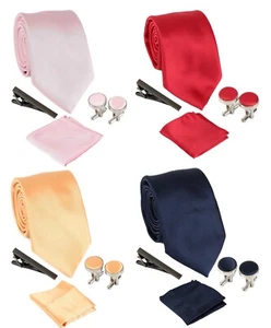 Juego de regalo formal de 4 piezas con corbata de satén liso para boda para hombre 5 opciones de color - Imagen 1 de 36