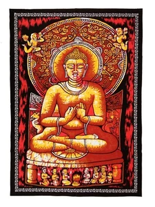 Hindu Buddhist Lord Buddha Batik Effect Wall Hanging Brown Yellow 75 x 107 cm - Picture 1 of 6