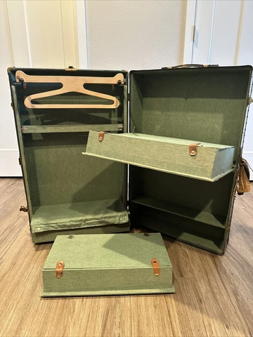 Antique Goldsmith & Son NeverBreak Steamer Wardrobe Trunk Green Cover
