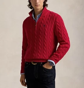 $148 Polo Ralph Lauren Men’s Cable-Knit Cotton Quarter-Zip Sweater Red Size S - Picture 1 of 6