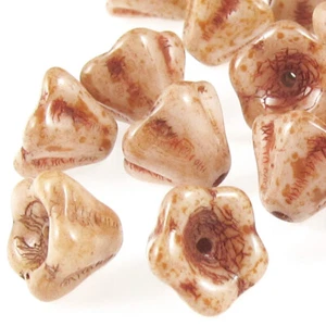 25 Butter Pecan Picasso Bell Flower Beads, Czech Tan Glass, 6x8mm - Picture 1 of 3